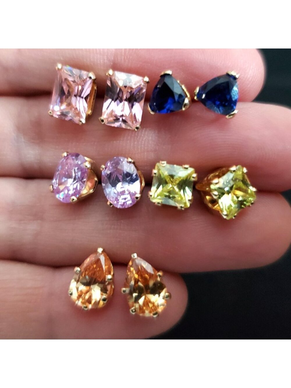 Rhinestone Stud Earring Lot of 5 Pair Pink Purple Blue Green Peach 7-9mm